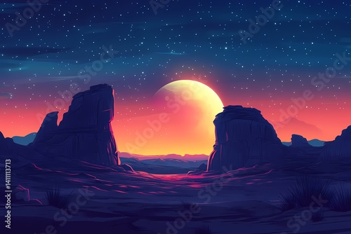 Whimsical Desert Landscape Illustration. Vibrant Sunset & Starry Night Sky with Distant Mountains and Crescent Moon