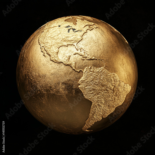 gold globe of earth depicting western hemisphere, on black background