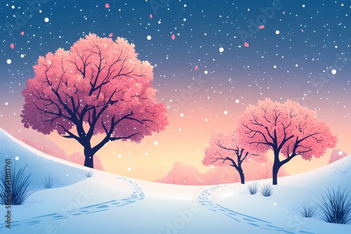 Winter Wonderland. Serene Snow-Covered Trees in Winter Sunset Landscape