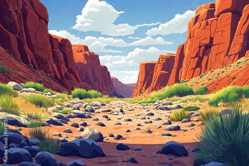 Desert Rocky Scenery. Vibrant Artistic Illustration of Arid Nature Scene with Canyon and Sandstone Formations