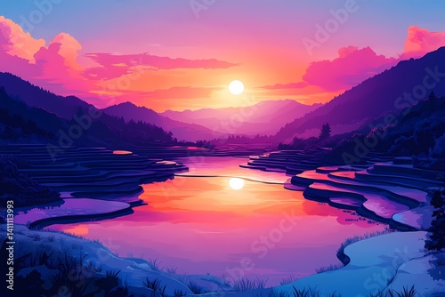 Enchanting Elevated View of a Sunset Reflection Over Serene Mountains and Tranquil Waters. A Vibrant Scenic Photography