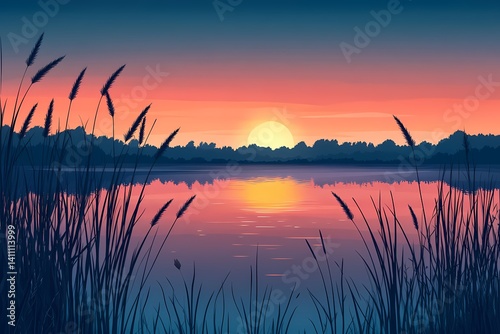 Sunset Landscape Reflection. Tranquil Nature Silhouette in Idyllic Dusk Scenery