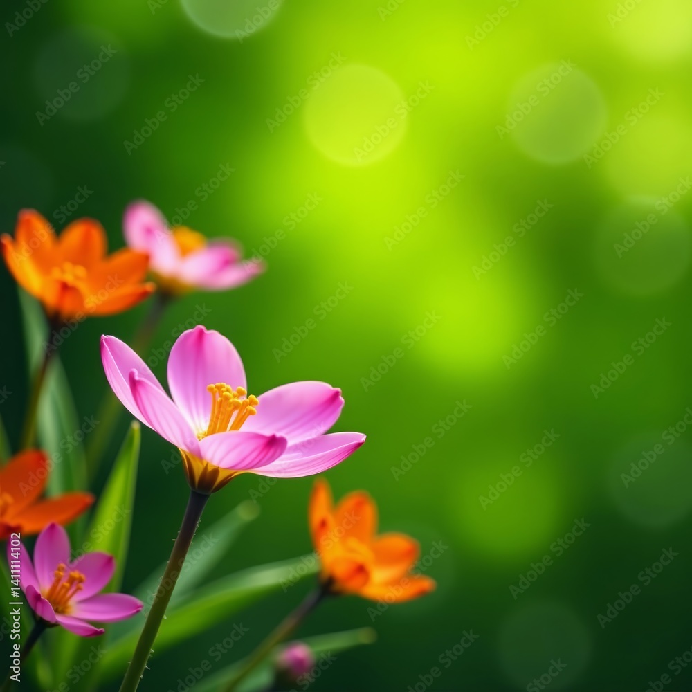 Fototapeta premium Vibrant spring flowers blooming against lush green backdrop, copy space, seasonal