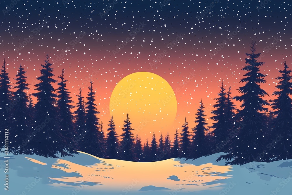 Naklejka premium Winter Sunrise in Snowy Forest. Digital Art of Serene Silhouette Landscape with Vibrant Colors