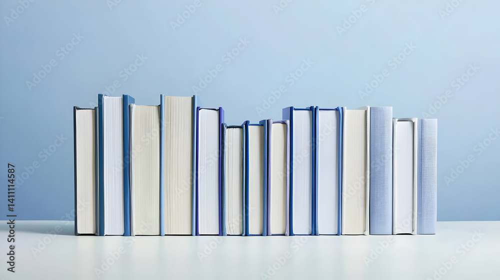 Fototapeta premium Organized Books On White Surface Against Light Blue Background
