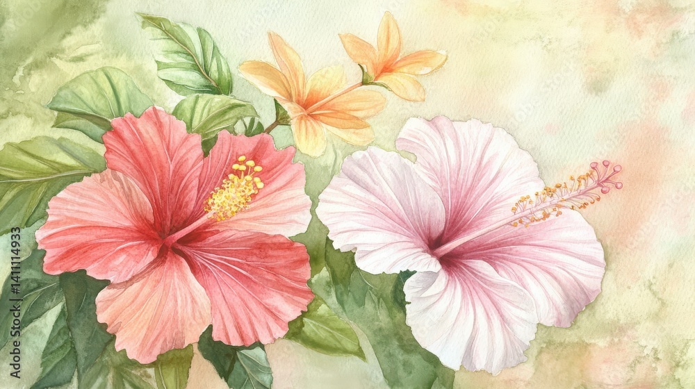 Obraz premium Watercolor painting of vibrant hibiscus flowers with delicate leaves.