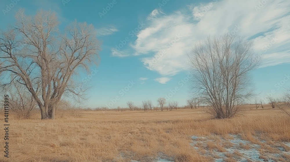 Leafless trees stand among dry fields beneath a blue sky Leafless trees stand among dry fields beneath a blue sky