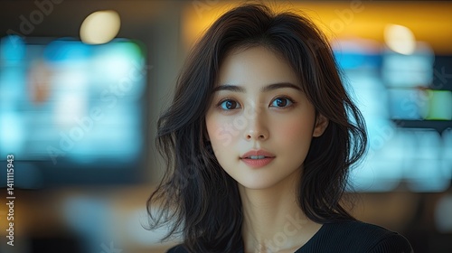 Portrait of a beautiful young Asian woman with long dark hair, looking directly at the camera with a neutral expression.