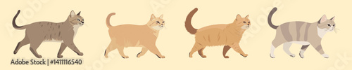 Cats walking gracefully isolated illustration, vector set