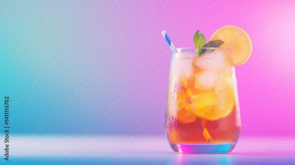 A colorful glass filled with iced tea, fresh lemon slices, mint leaves, and a striped straw sits against a bright gradient background