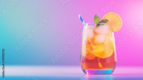 Obraz na płótnie A colorful glass filled with iced tea, fresh lemon slices, mint leaves, and a striped straw sits against a bright gradient background w salonie