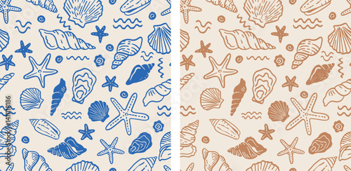 Seamless Hand-Drawn Seashell Pattern – Boho Coastal Starfish and Shell Line Art Design in Blue and Tan for Beach, Ocean, and Summer vector illustration