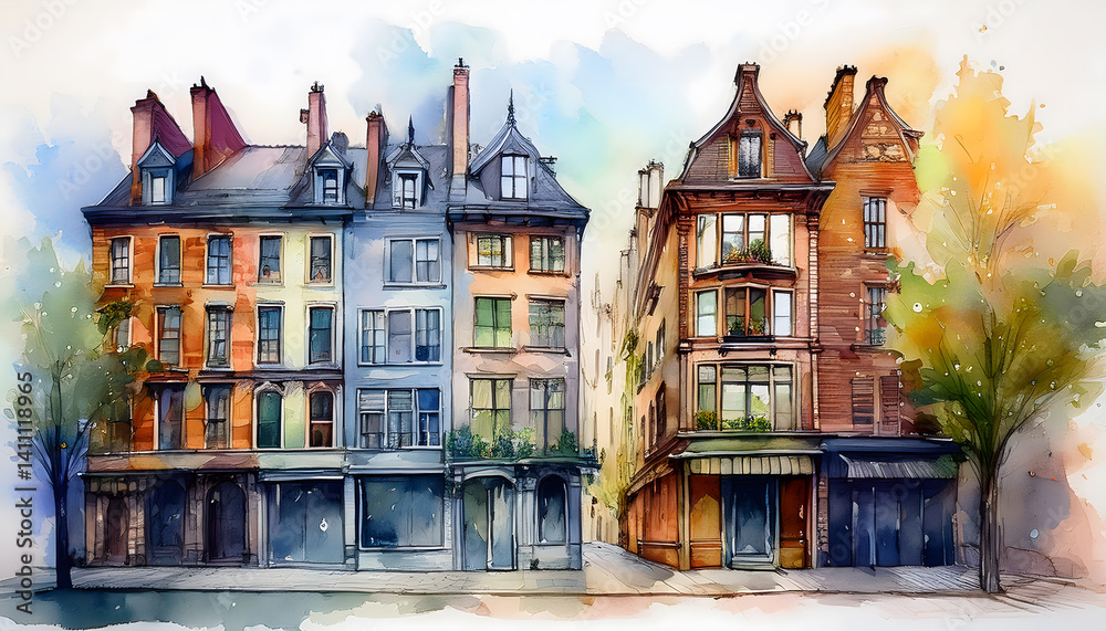Fototapeta premium A row of stylized buildings with varied architectural styles, presented in a watercolor aesthetic