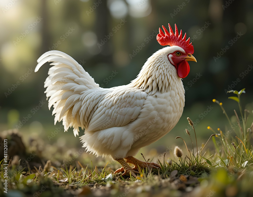 Fototapeta premium White Rooster Walking in Field with Sunlight