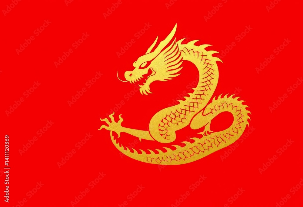 Abstract golden dragon silhouette on bold red background, ample copy space, celebration, design element Abstract golden dragon silhouette on bold red background, ample copy space, celebration, design element