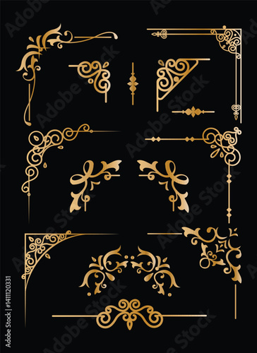 Wallpaper Mural A collection of ornate gold decorative corner and border elements on a black background. Torontodigital.ca
