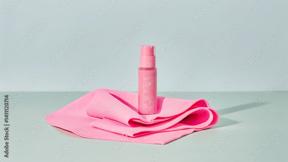 Elegant Pink Cleaning Spray and Microfiber Cloth Product Photography Elegant Pink Cleaning Spray and Microfiber Cloth Product Photography