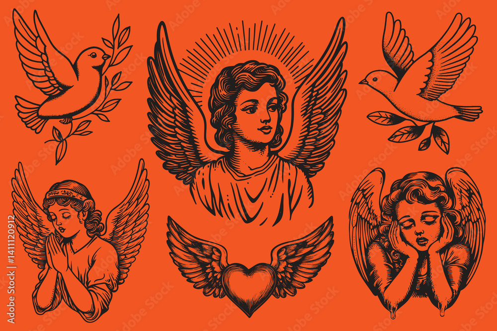 Old school tattoo ink element isolated vector set