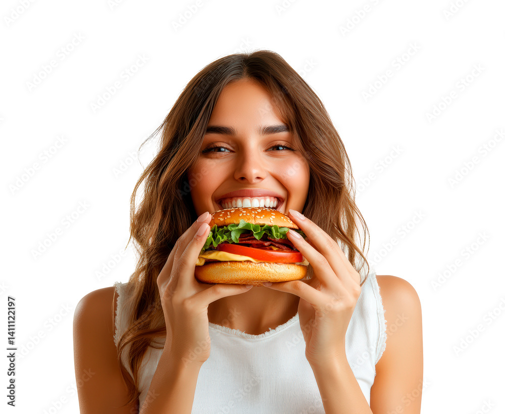 Young woman eating burger transparent background Young woman eating burger transparent background