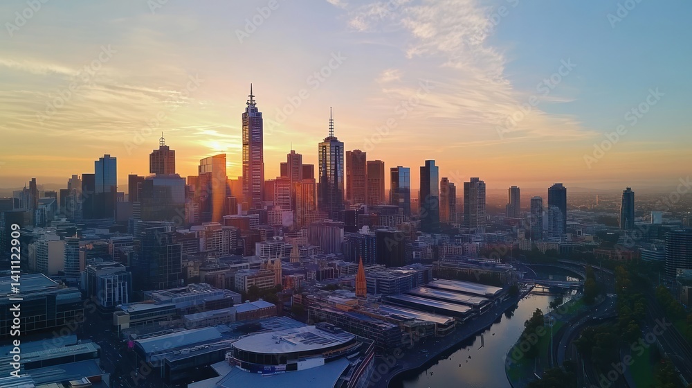 Obraz premium Sunrise cityscape, aerial view, river, city skyline, golden hour, urban, Australia, travel, promotion