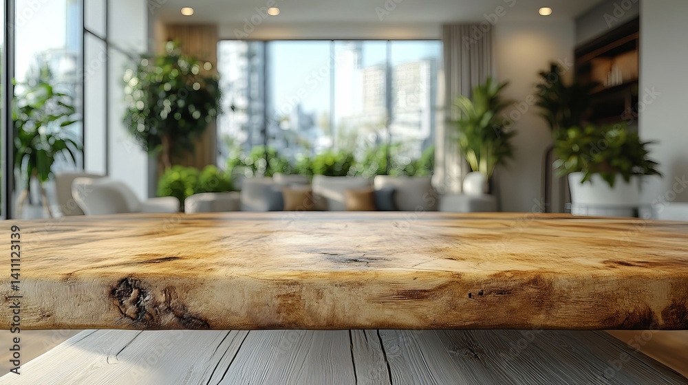 Rustic Wooden Tabletop in Modern Living Room with Plants and City View Rustic Wooden Tabletop in Modern Living Room with Plants and City View