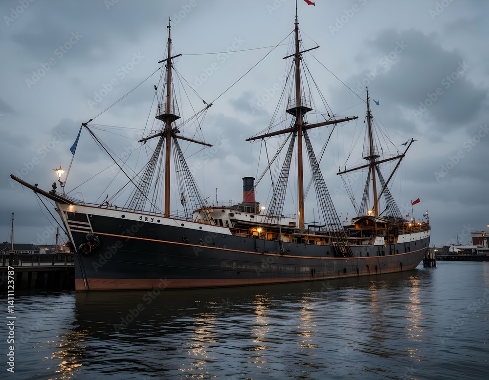 Large Historic Sailing Ship Docked at Twilight Large Historic Sailing Ship Docked at Twilight
