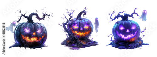 Three Eerie Halloween Pumpkins with Glowing Faces and Creepy Atmosphere
