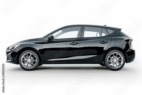 Side View of Black Hatchback Car Isolated on White Background with Clipping Path