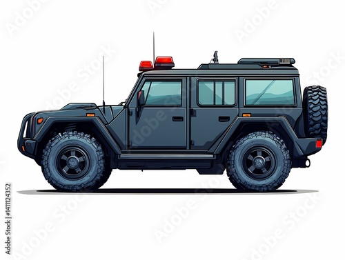 Off-Road 4x4 Tactical Vehicle Illustration: Armored Police SUV with Emergency Lights in Durable Military Design