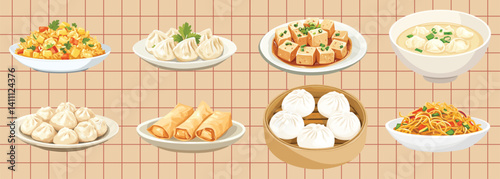 Illustration of foods on a yellow checkered background, vector set