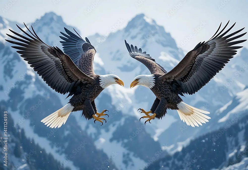 Obraz premium Majestic Bald Eagles Confrontation: A Dramatic Mountaintop Encounter