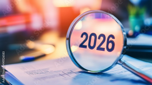 Year 2026 highlighted with magnifying glass for business analysis and future planning concept