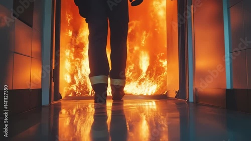 Firefighter Stands at the Entrance of a Blazing Room Ready to Combat a Fierce Flame Engulfing the Area. Generative AI