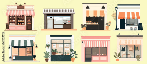 Charming storefront illustrations collection, isolated vector set