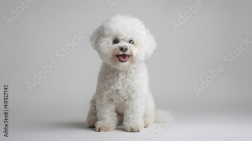 白背景の白いふわふわ犬の正面肖像画は幸せな表情で座る