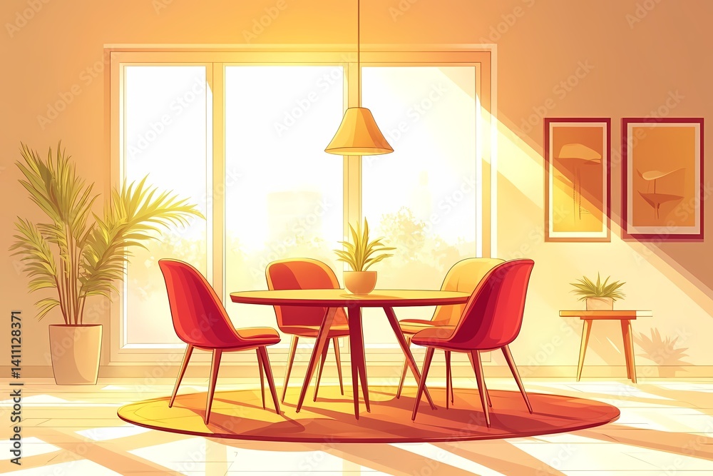 Fototapeta premium Modern Dining Room Interior Design with Cozy Atmosphere and Natural Light: Stylish Furniture, Elegant Decor, and Inviting Space