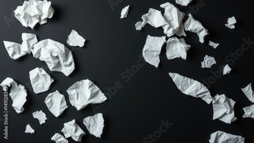 crumpled and torn white paper scattered on the black surface