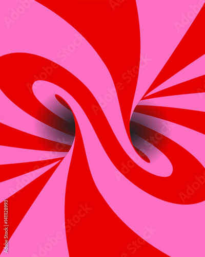 Twisted striped torus optical illusion. Pop art abstract background. Red, pink spiral swirl pattern.