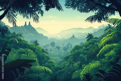 Tropical Jungle Forest Landscape: Vibrant Greenery and Cascading Hills - Wildlife Adventure and Eco-Tourism in an Idyllic Nature Reserve