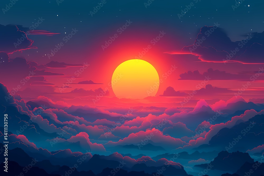 Naklejka premium Digital Art Sunset Sky: Vivid Colors of Nature's Beauty in Tranquil Landscape