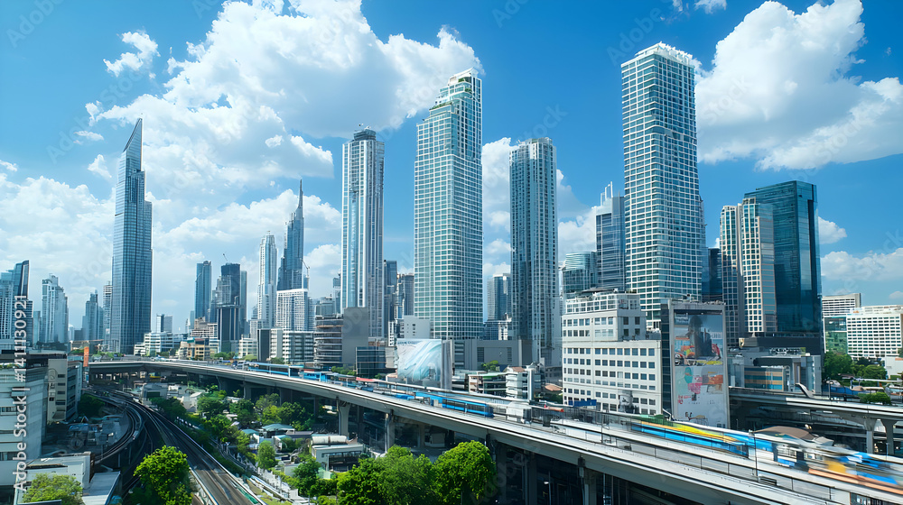 Fototapeta premium Bangkok Cityscape Panorama With Skyscrapers And Expressway