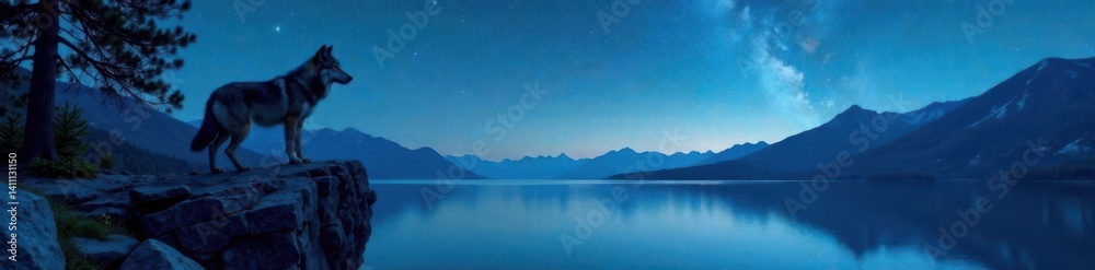 A wolf standing on a rocky cliff overlooking a serene lake under starry night sky, starry, wolf A wolf standing on a rocky cliff overlooking a serene lake under starry night sky, starry, wolf