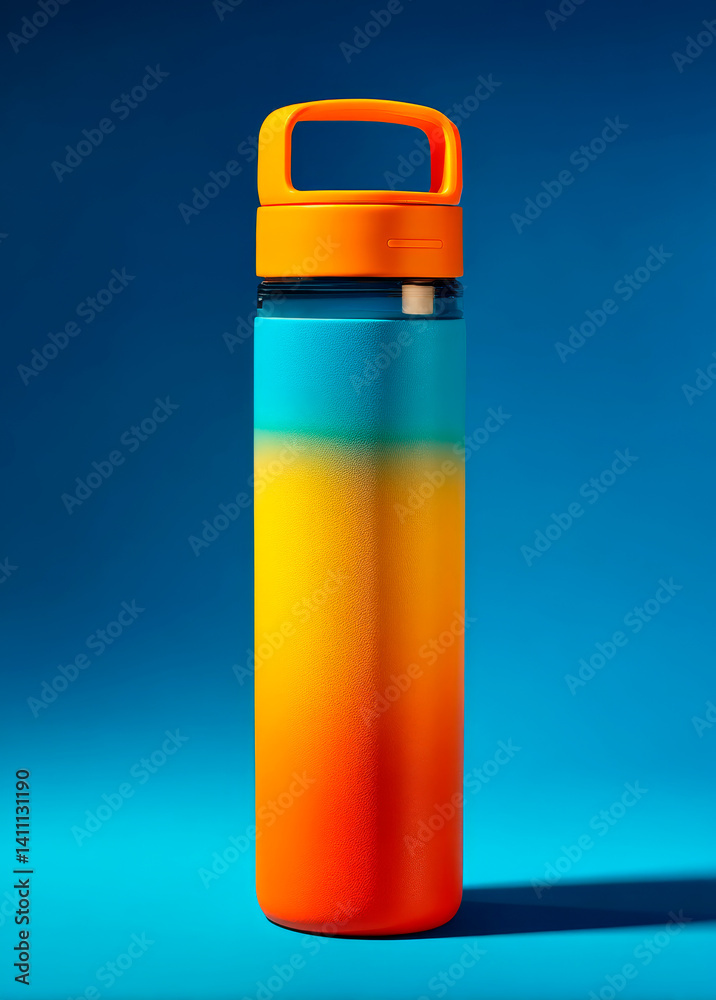 A bottle with a handle on top in a gradient color from blue to orange. Modern design water bottle in a studio shot. A bottle with a handle on top in a gradient color from blue to orange. Modern design water bottle in a studio shot.