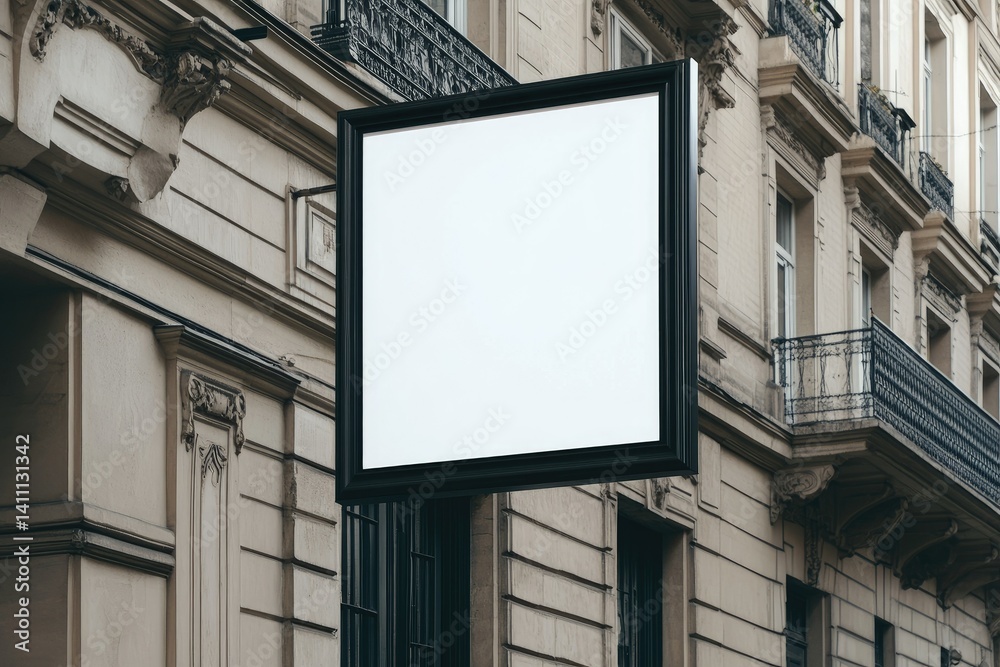 Vibrant Color Picture of Street Scenery of a Black Empty Sign Hanging From a Building Vibrant Color Picture of Street Scenery of a Black Empty Sign Hanging From a Building