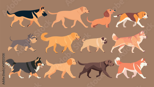 Illustrated diverse dog breeds, isolated vector set