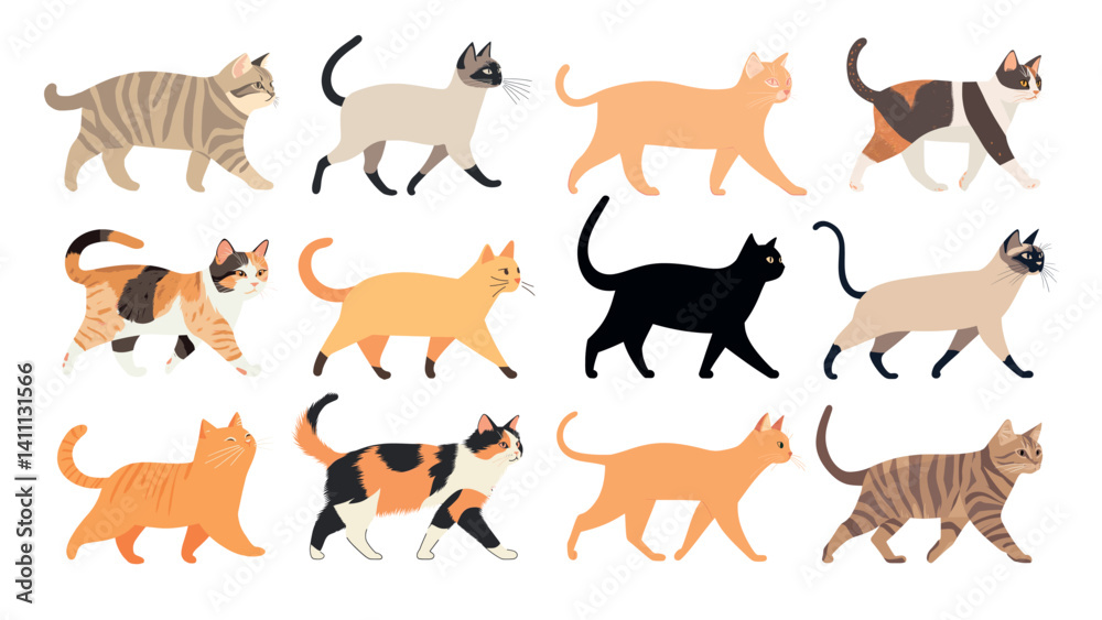 Fototapeta premium Diverse cartoon cats walking, isolated vector set