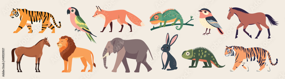 Obraz premium Colorful animal vector illustrations, isolated vector set