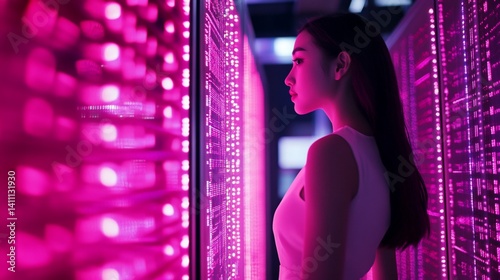 Young woman immersed in a vibrant, futuristic magenta light installation