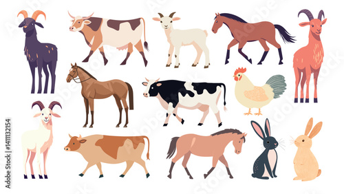 Farm animals cartoon illustration, vector element set