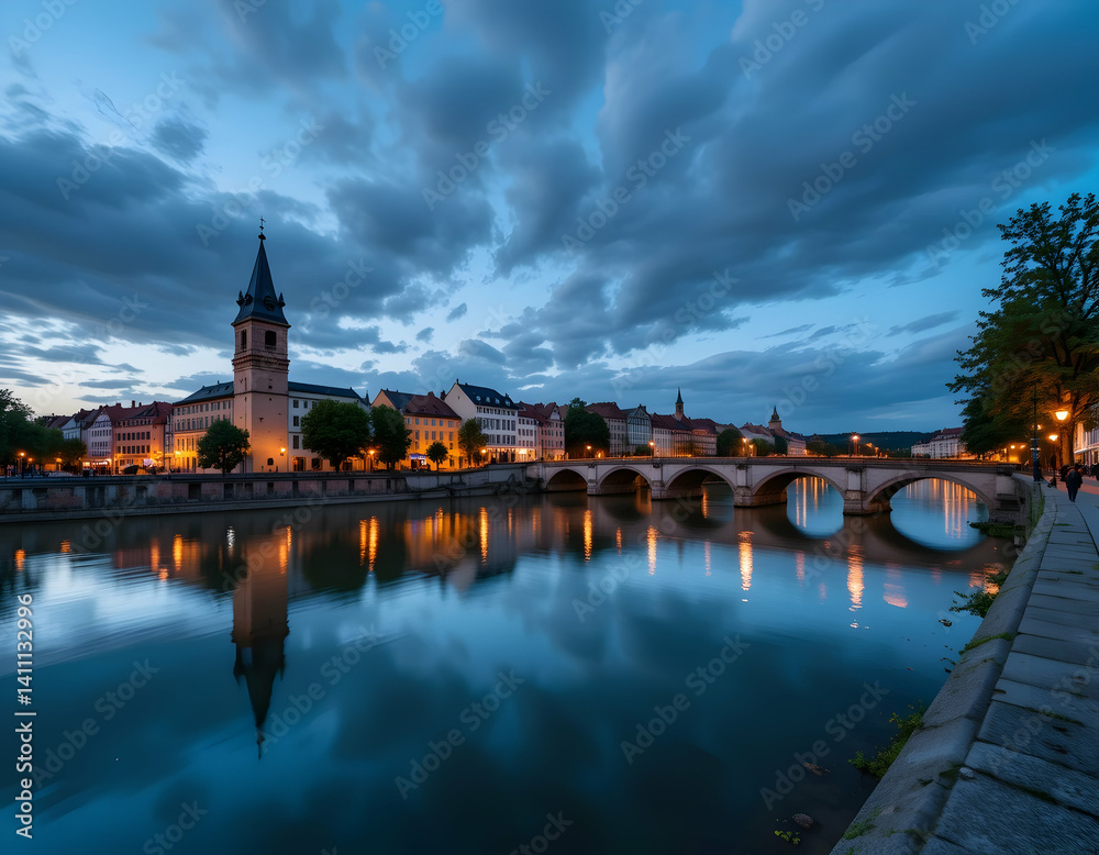 Fototapeta premium Cityscape Reflection on River with Bridge and Tower at Dusk